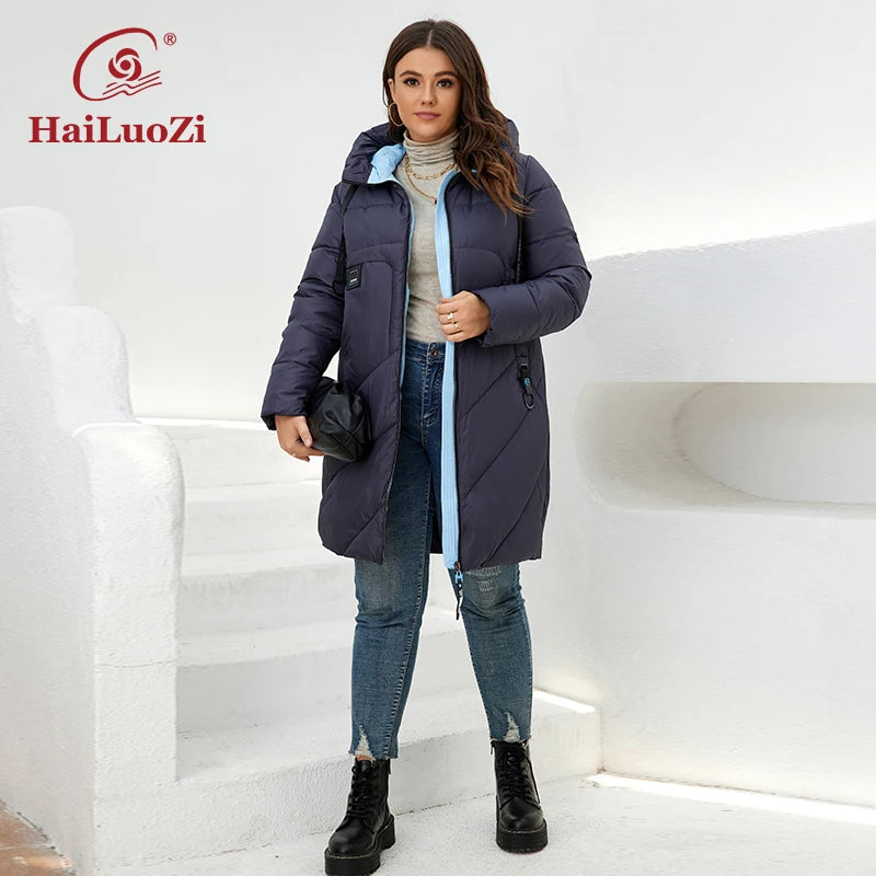 HaiLuoZi 2022 Winter Women's Jackets Thick Cotton Big Pockets Hood Zipper Quilted Parka Oversize Female Casual Women Coat 6896