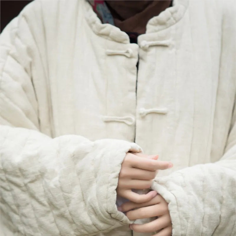 Johnature Women Chinese Style Ramie Cotton Parkas Stand Long Sleeve Winter Coats 2025 New Button Warm Plus Cotton Long Parkas