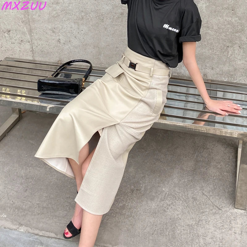 Women Clothes 2025 Spring Genuine Leather Falda Midi Mujer Sheepskin Beige High Waist A-line Maxi Skirt Front Slit Korean Style