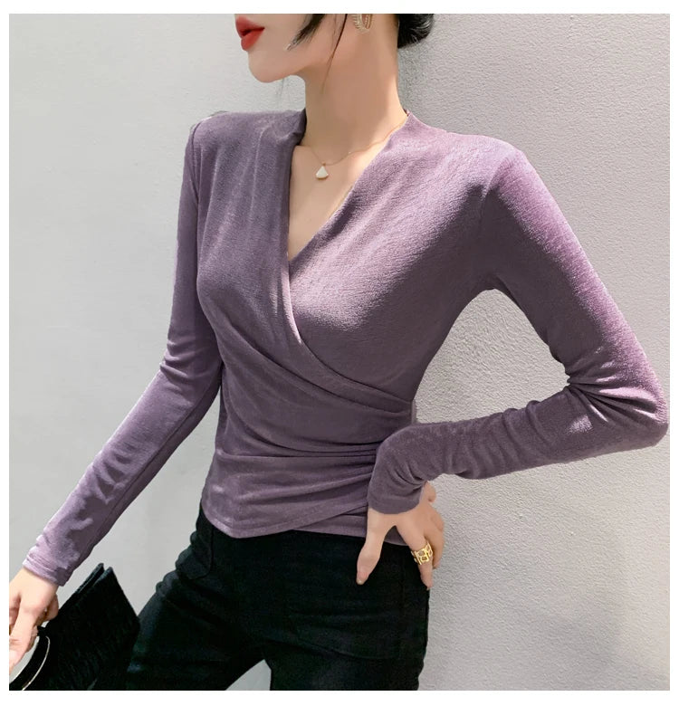 Autumn Spring Crossed V Neck Folds T Shirts Lady Long Sleeve High Stretch Tops Elegant Soft Tee Shirt  For Woman HF8705