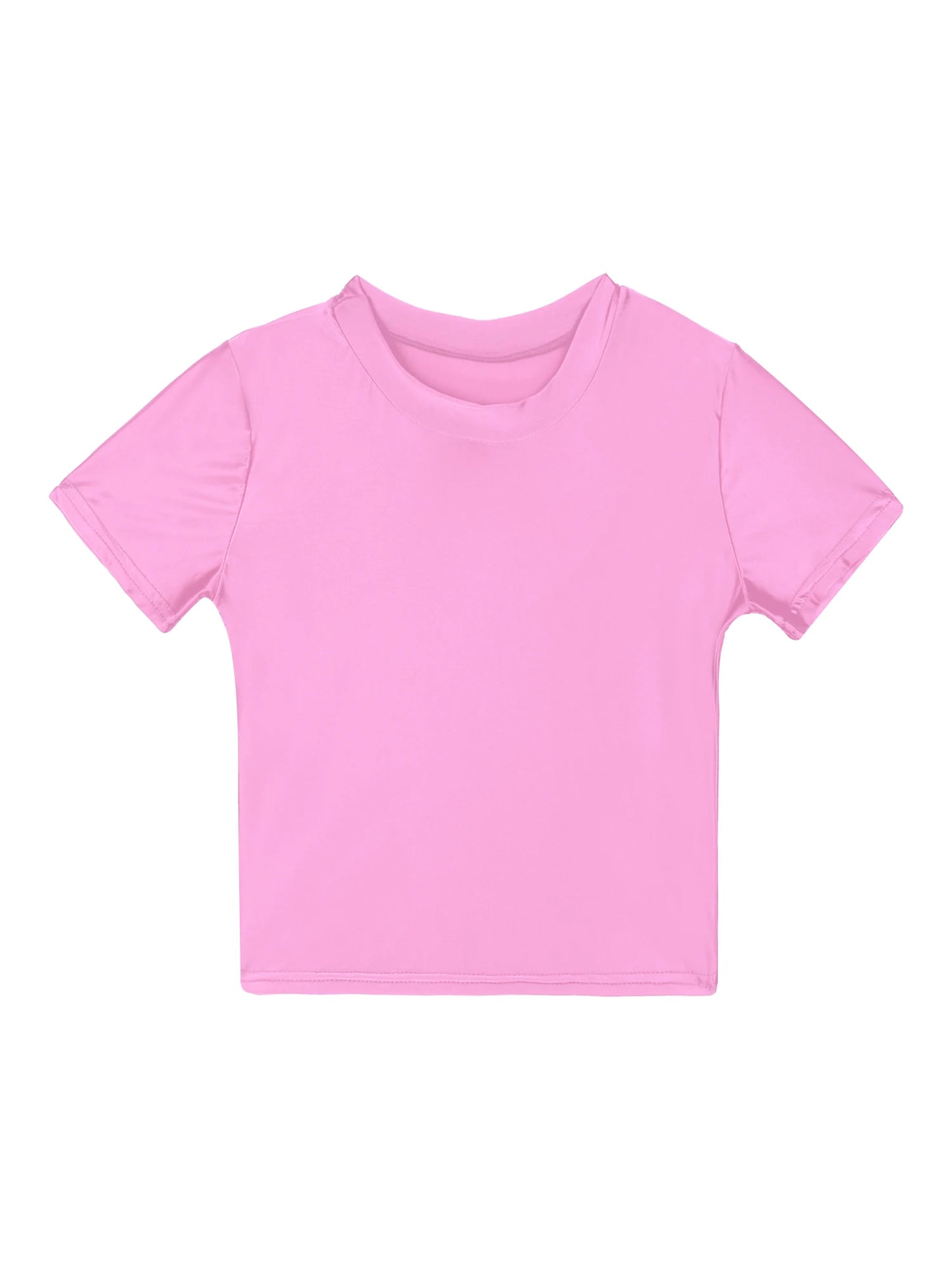 Women Glossy Short Sleeve Crop Tops Solid Round Neck Slim Fit Smooth T-shirt Summer Swimwear Swimsuit Sportswear Beachwear