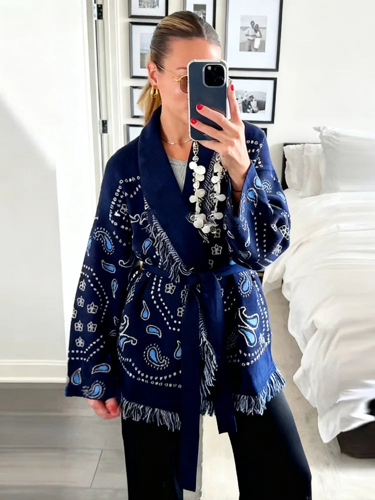 Fashion Lace Up Floral Tassel Patchwork Sweater For Women Elegant Long Sleeve Belt Knitted Cardigan Jacket Lady Chic Street Tops