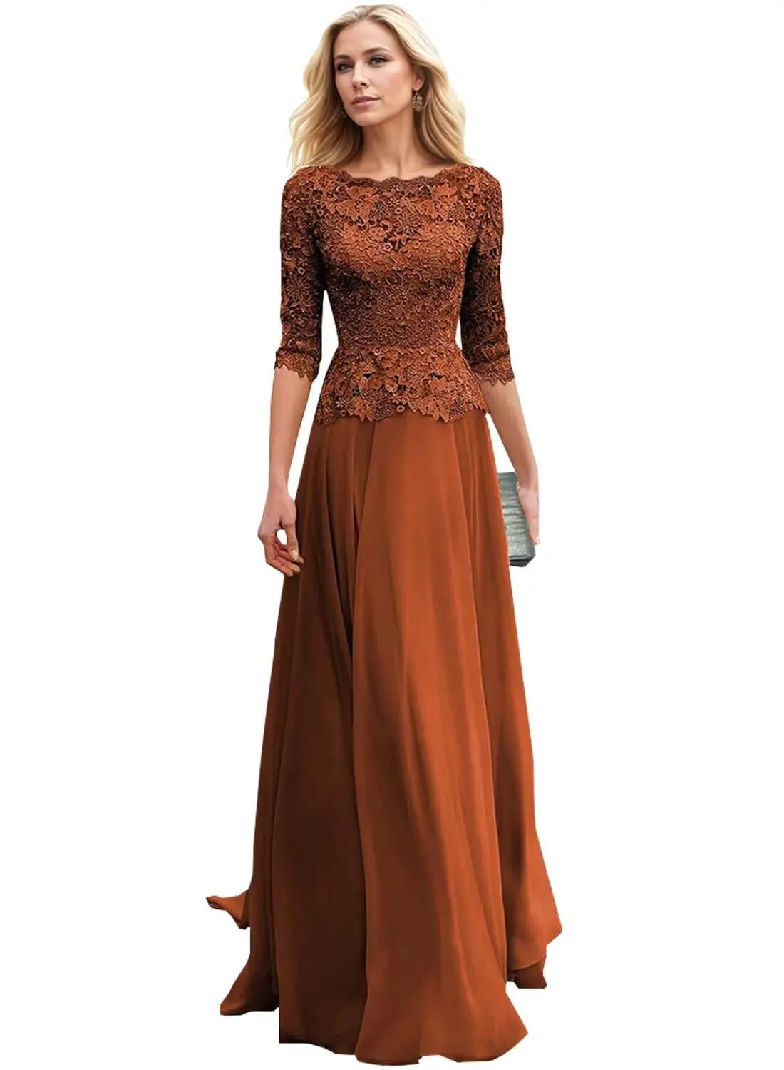 Customized Women's Lace Appliques Mother Of The Bride Dress For Wedding Boat Neck Chiffon Half Sleeves Formal Wedding Guest Gown