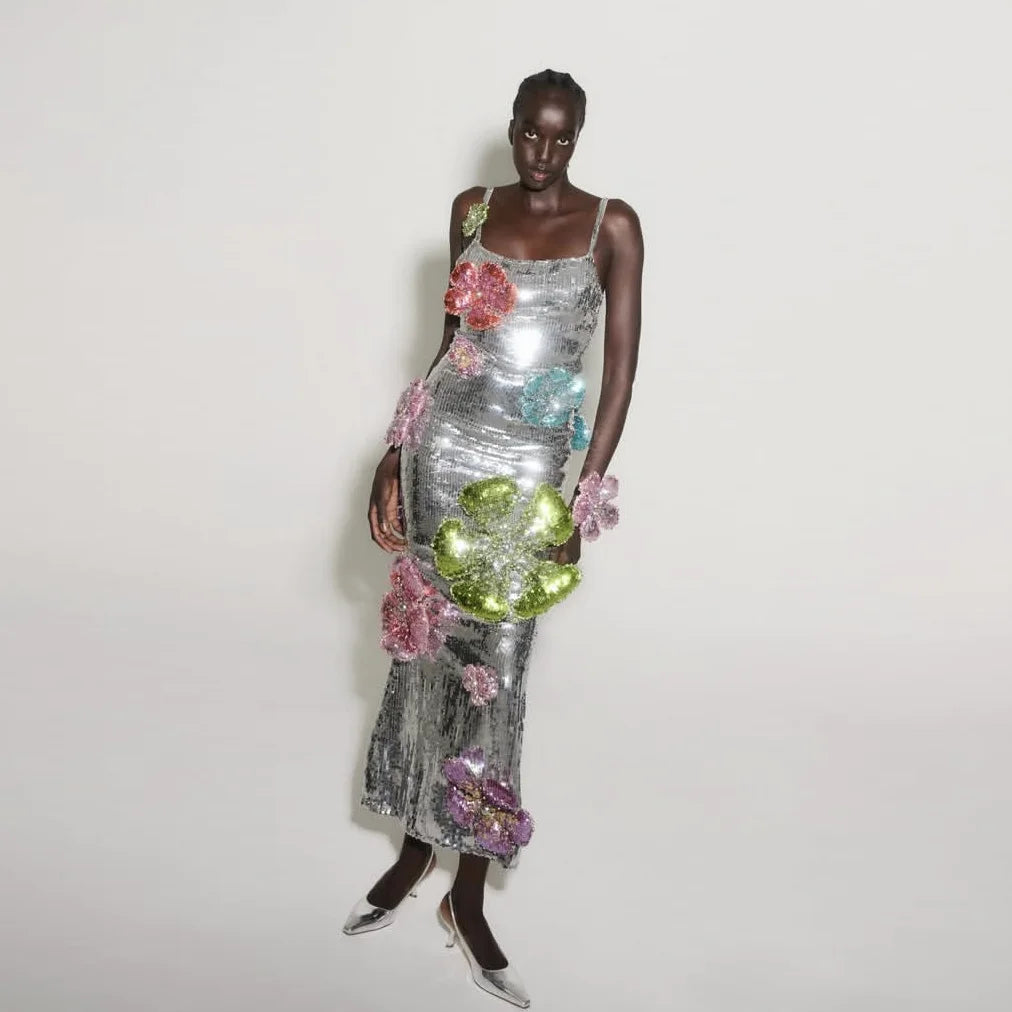 Glitter Silver Spaghetti Long Prom Dresses Sequins Mermaid Women Dress Ankle-length 3D Floral Beads Prom Gowns Customized