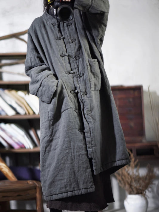 Johnature Women Vintage Parkas Stand Long Sleeve Pockets Button Winter Coats 2025 New Solid Color Linen Chinese Style Parkas