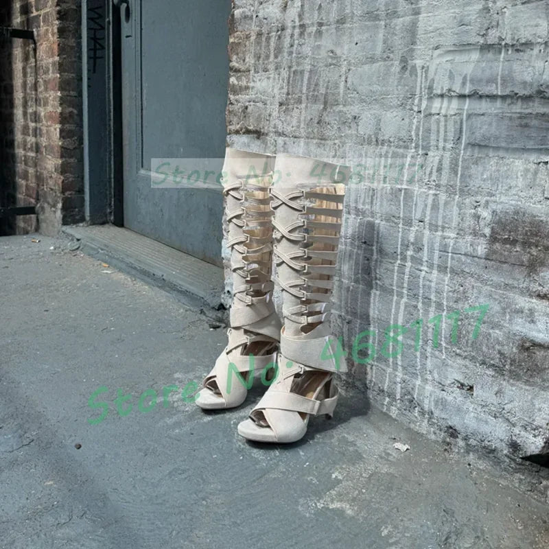 Grey Belt Buckles Tall Sandal Boots Women Trendy Sexy Puttee Cross Strap Heeled Shoes Ladies Open Toe White Flock Hollow Sandals