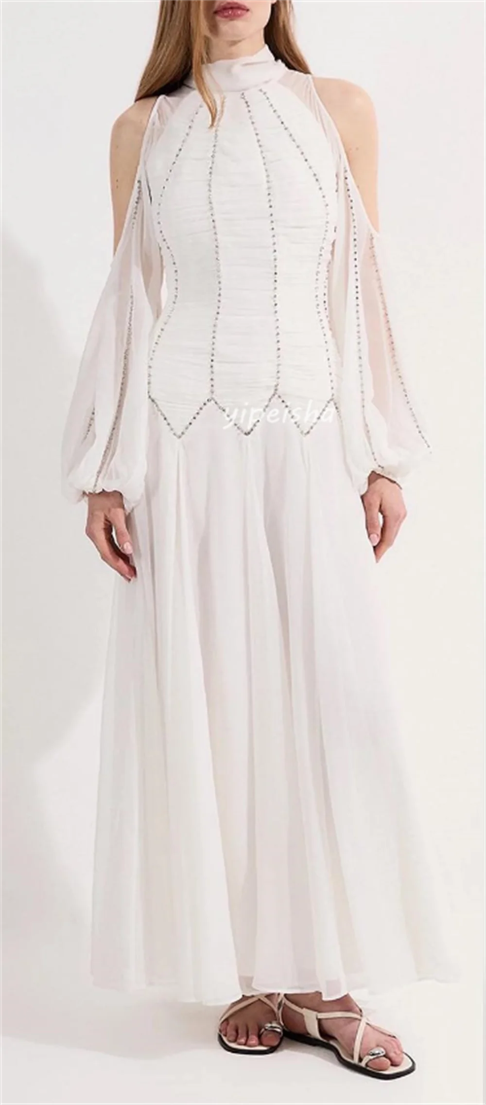 Customized Modern Style Sexy Chiffon Pleat Ruched Rhinestone A-line High Collar Midi Dresses Bespoke Occasion Dresses Fashion