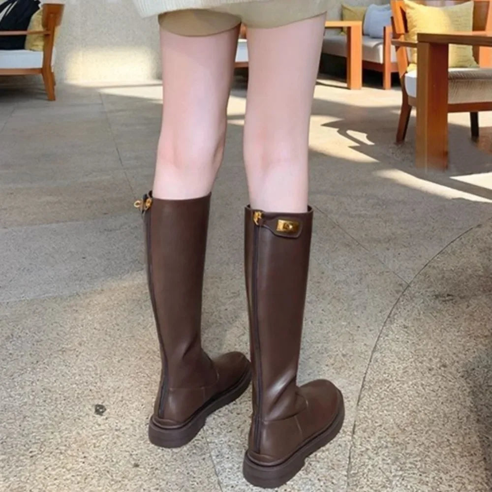 Women's Long Boots Leather Elegant With Low Heels Ladies Knee High Shaft Shoes 2024 New Y2k Demi-season Designer Luxury Fashion