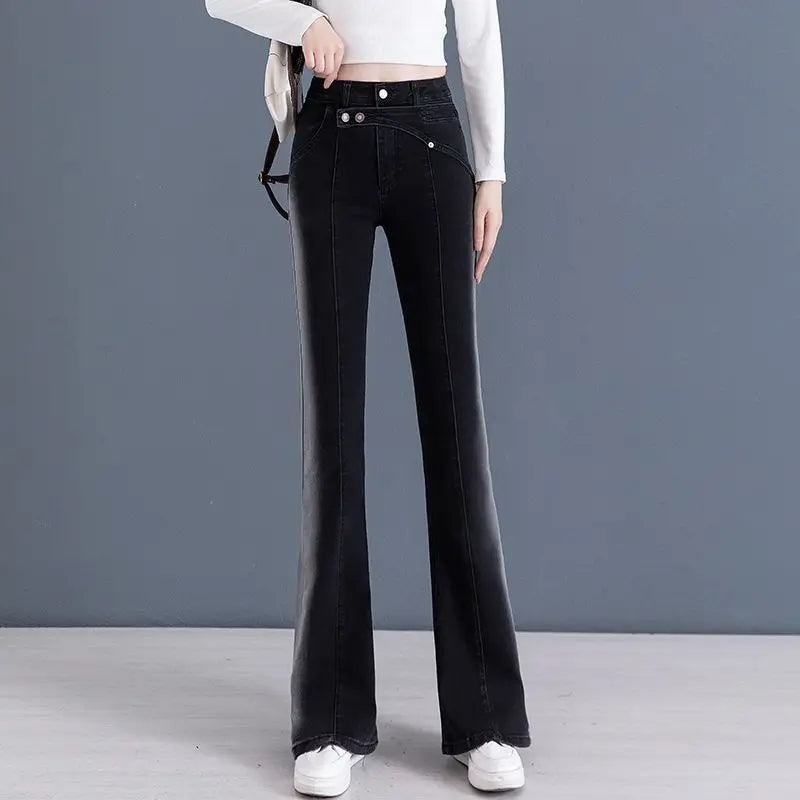 Vintage Gradient Blue Korean Slim Flare Jeans High Waist Women Spring Autumn Full Pants Pocket Versatile Simple Casual Trousers