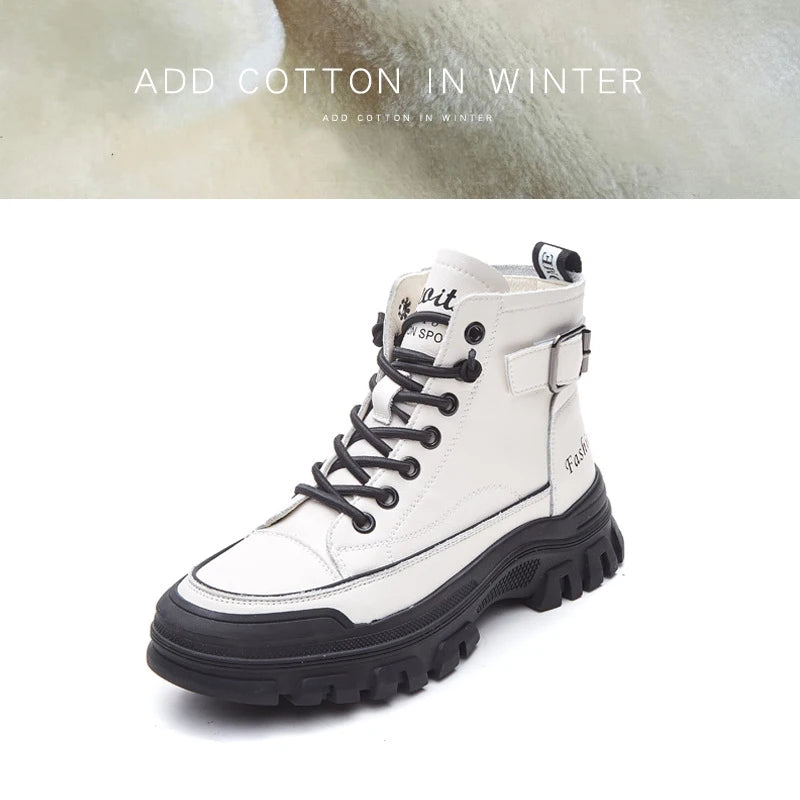 100% Genuine Leather Winter Shoes Women Fashion Modern Boots Brand Ladies Ankle Boots Thick Sole Height Increasing 4cm D238