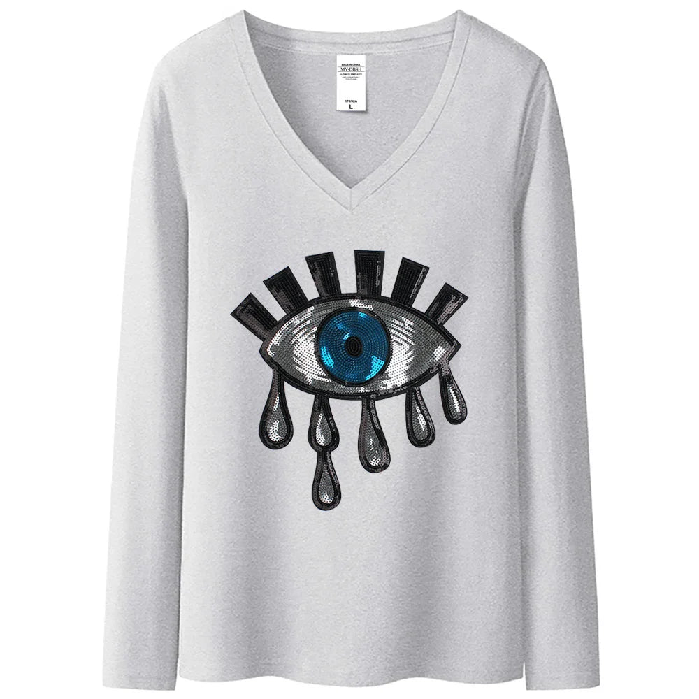 New Summer  Women Cotton Tears T Shirts Ladies Big Eyes Embroidery Sequins T-shirt Loose Style Casual Tshirt Women Casual Tops