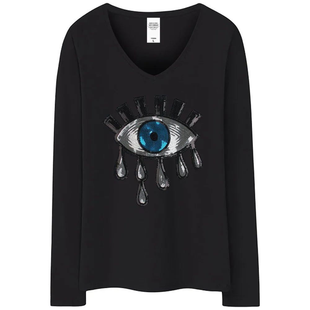 New Summer  Women Cotton Tears T Shirts Ladies Big Eyes Embroidery Sequins T-shirt Loose Style Casual Tshirt Women Casual Tops