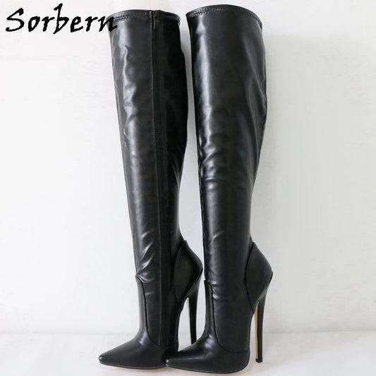 Sorbern Black Knee High Boots For Women 18Cm High Heel Stilettos Pointed Toe Custom Streched Matte Black Shoes