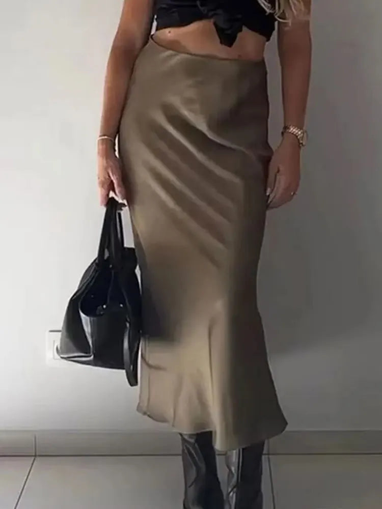 HH 2024 Y2K Casual Women Long Skirt Spring Elastic High Waisted A-Line Casual Female Satin Skirts High Street Lady Skirts