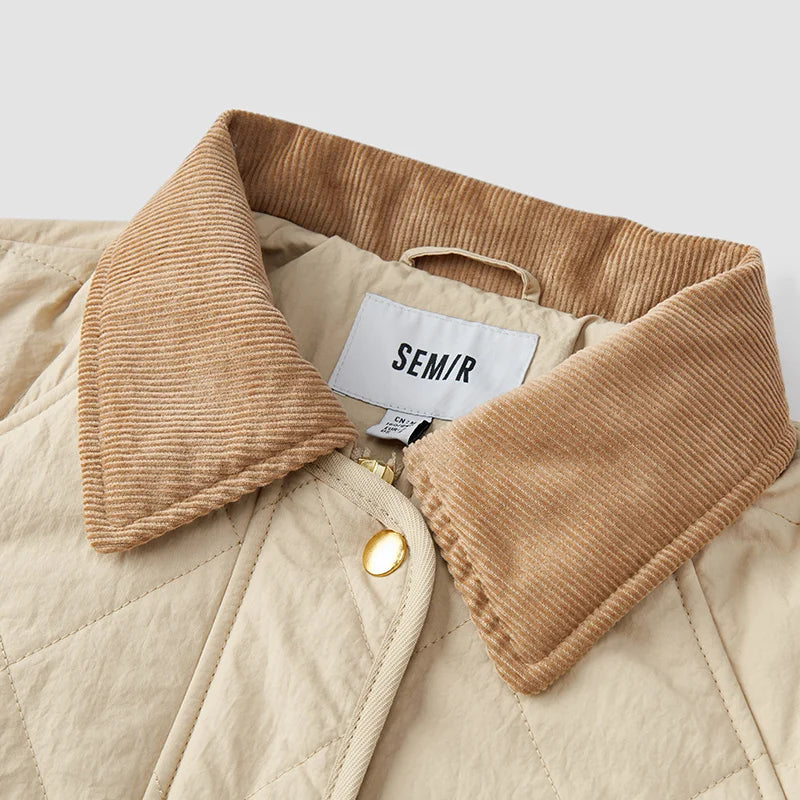 Semir Cotton Jacket Women Mid-Length Lightweight Loose Patchwork Lapel 2024 New Winter Rhombus Quilted Cotton Jacket