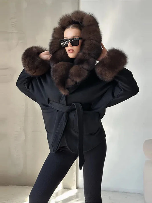 Elegant Women's Faux Fur Coat Jackets Lapel Collar Belted Jacket Warmed Outwear Winter Casual Tops 2025 Fashion Lace-up Ouftit