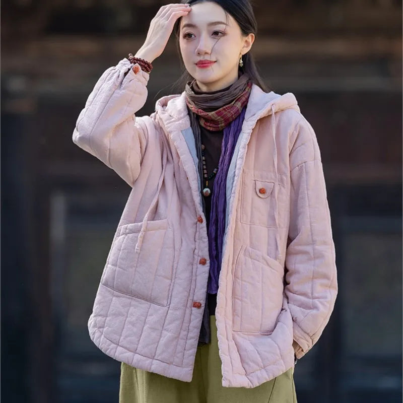 Johnature Women Hooded Ramie Cotton Parkas Solid Color Button Coats 2025 Winter Chinese Style Warm Plus Cotton Pockets Parkas
