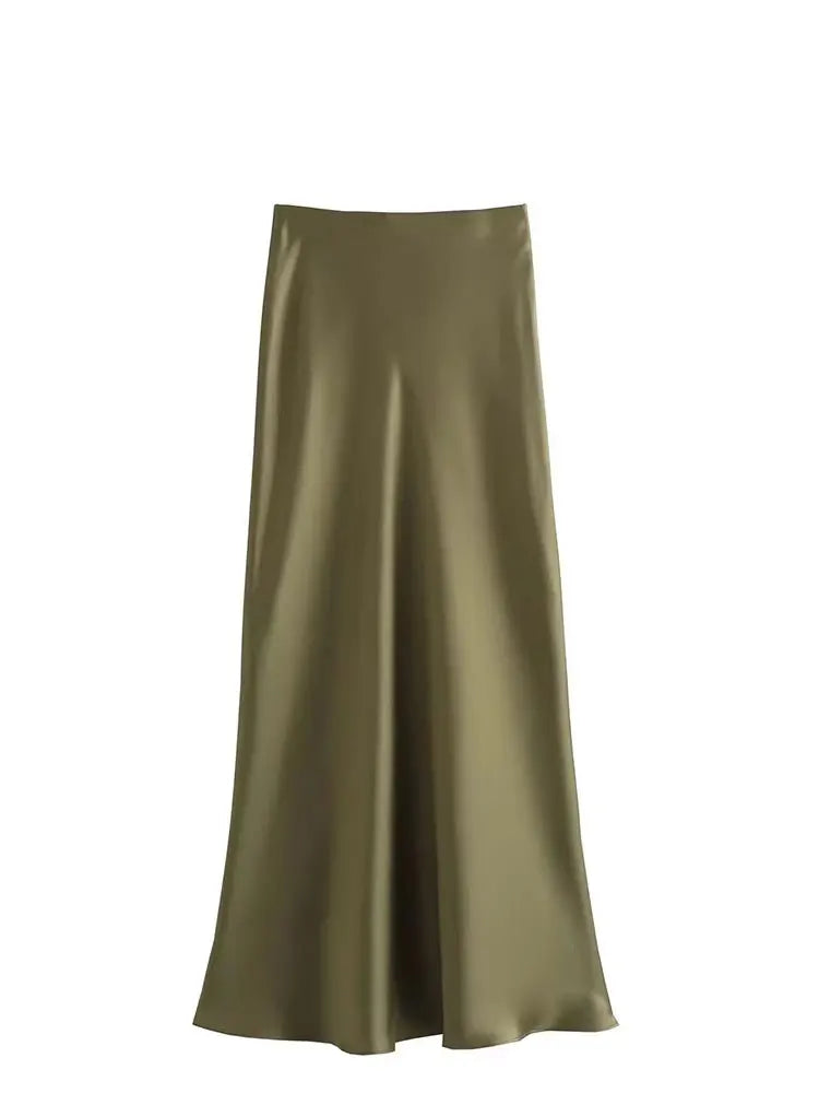 HH 2024 Y2K Casual Women Long Skirt Spring Elastic High Waisted A-Line Casual Female Satin Skirts High Street Lady Skirts