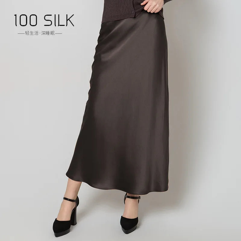 BirdTree, 22MM 100%Real Silk Elegant Skirt, Women Elastic Waist Satin, High Quality Fashion Skirt, 2024 Summer Fall B47024QM