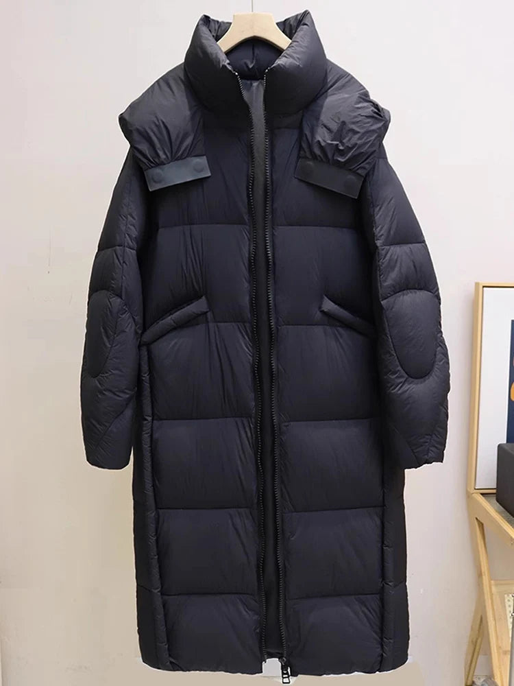 Winter 90 White Duck Down Long Hooded Down Jacket for Women Maillard -15° Thick Warm High-quality Solid Knee Length Down Jacket