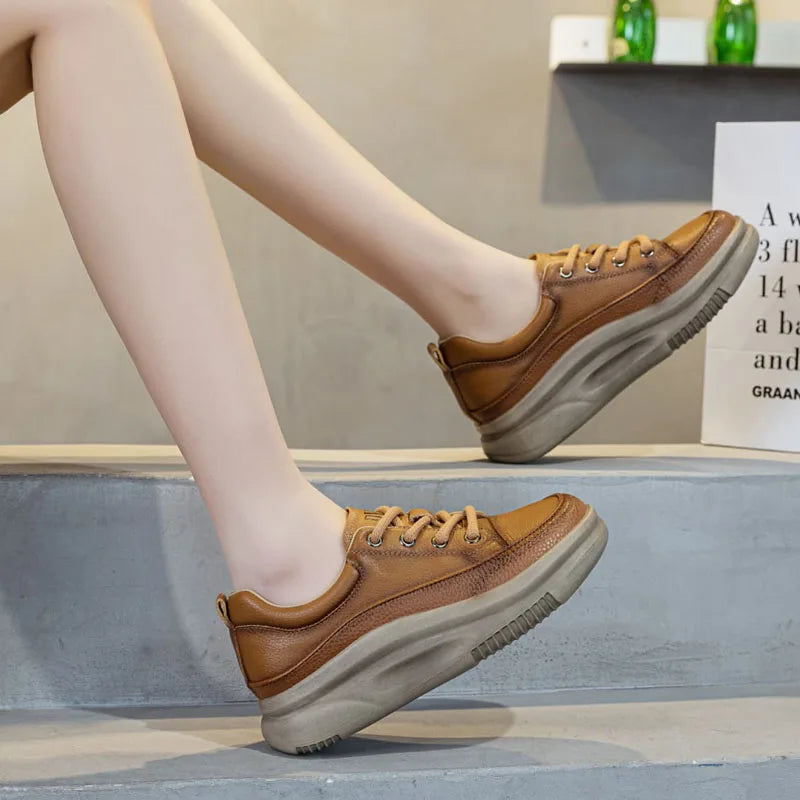 DRKANOL Fashion Women Thick Bottom Casual Sneakers Round Toe Genuine Cow Leather Chunky Platform Lace-Up Lightweight Shoes Lady