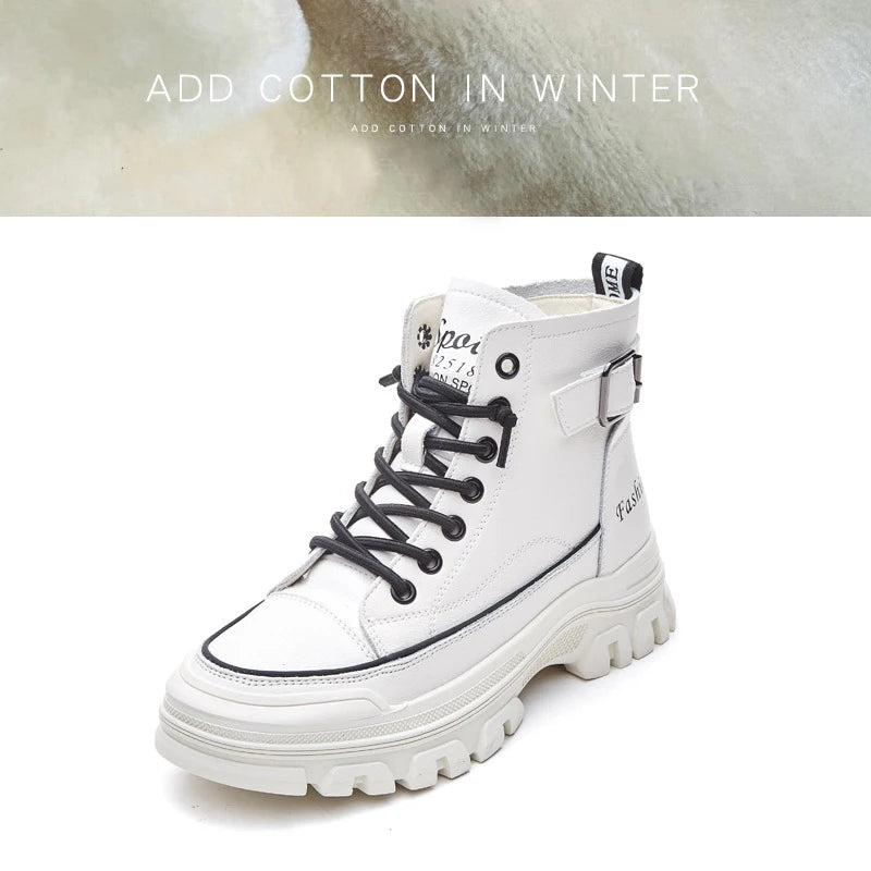 100% Genuine Leather Winter Shoes Women Fashion Modern Boots Brand Ladies Ankle Boots Thick Sole Height Increasing 4cm D238