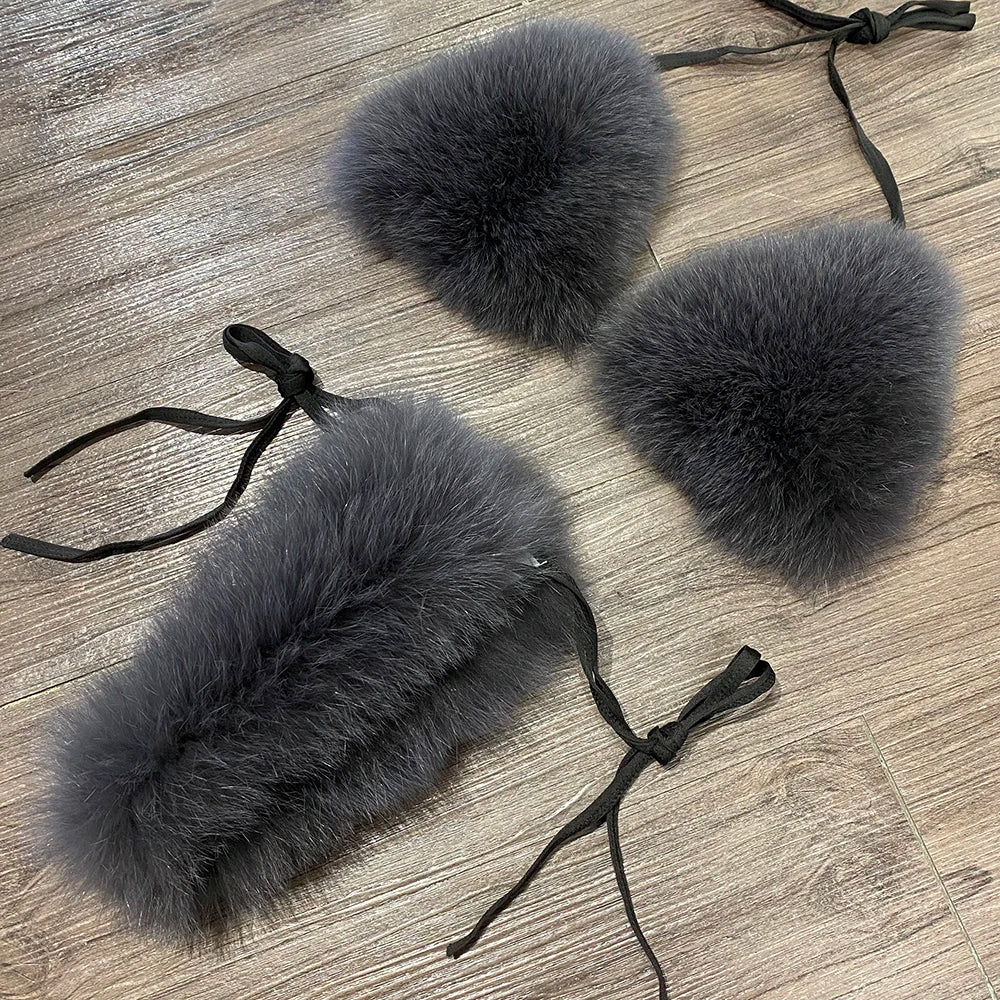 YOLOAgain Women Solid Natural Fox Fur Sexy Bikini Set Bra Detachable