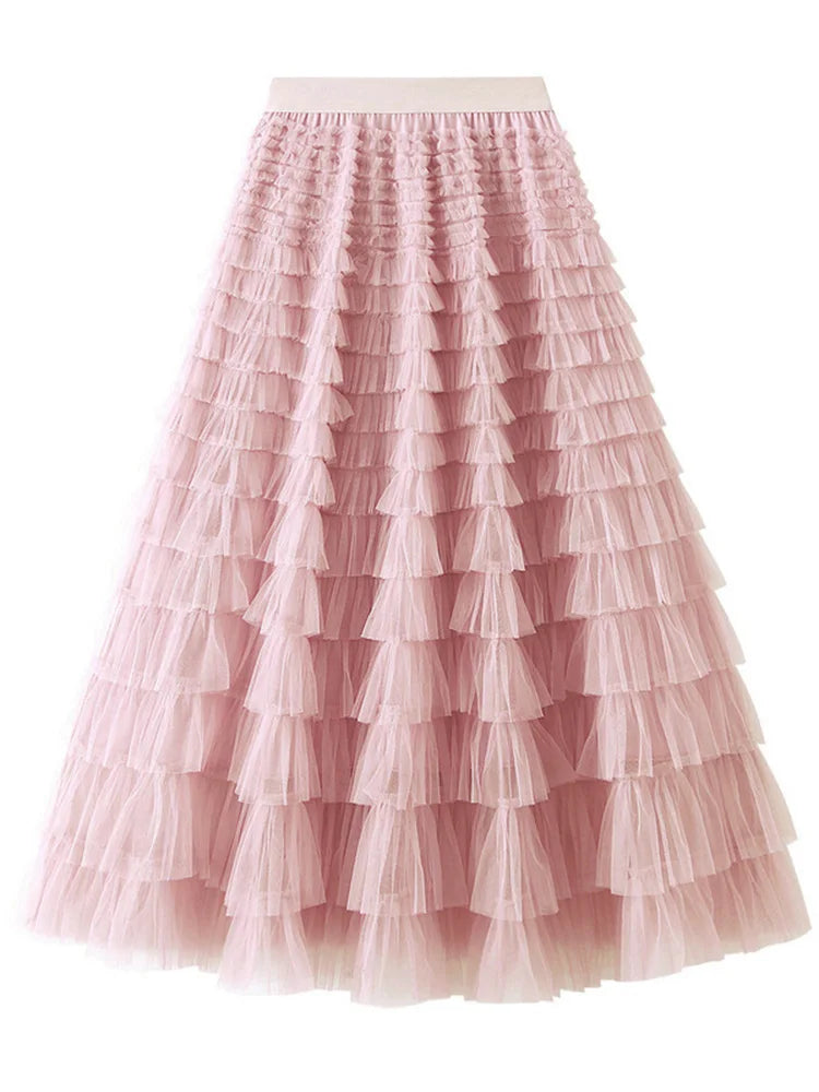 MiuKoMiYa Elegant Black Long Tulle Skirts Women Puffy Pink Maxi Mesh Skirt Long High Waist Pink Tulle Skirt Vintage For Women