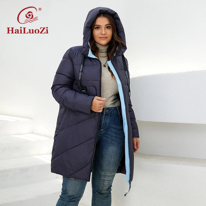 HaiLuoZi 2022 Winter Women's Jackets Thick Cotton Big Pockets Hood Zipper Quilted Parka Oversize Female Casual Women Coat 6896