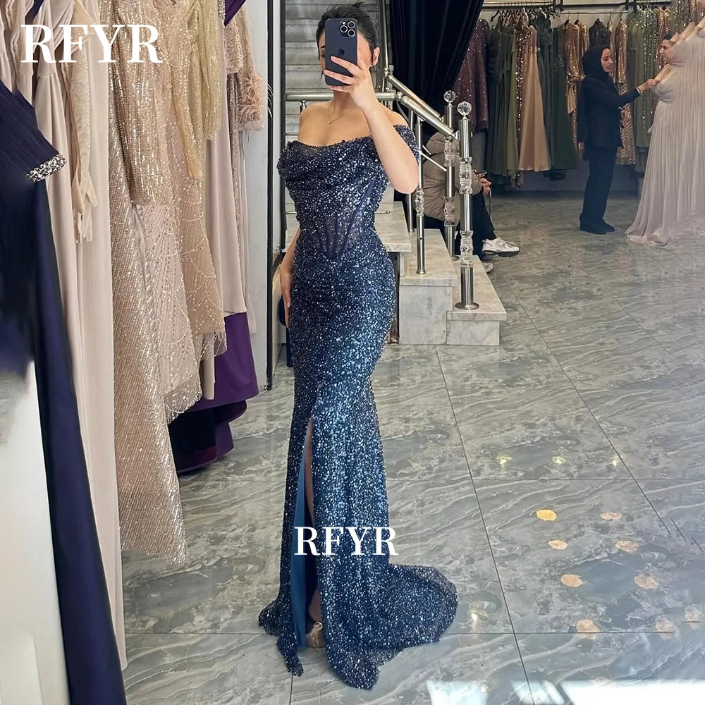 RFYR Shiny Evening Dresses Glitter Prom Dress Off Shoulder Party Dress Sexy فساتين مناسبة رسمية for Arabic Wome