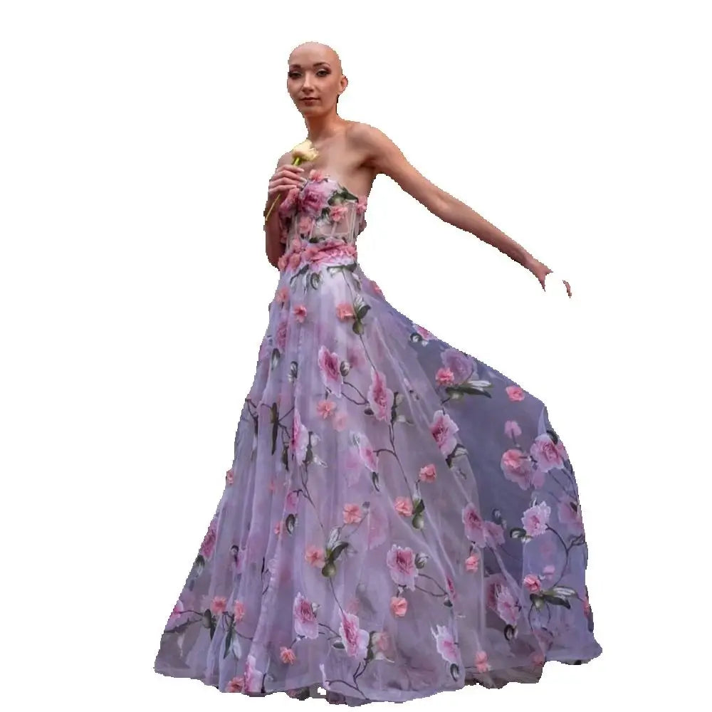 Ethereal Floral Print Gown With Pink Roses On Sheer Fabric Flowing Dress Strapless Design Highlighting Femininity And Grace