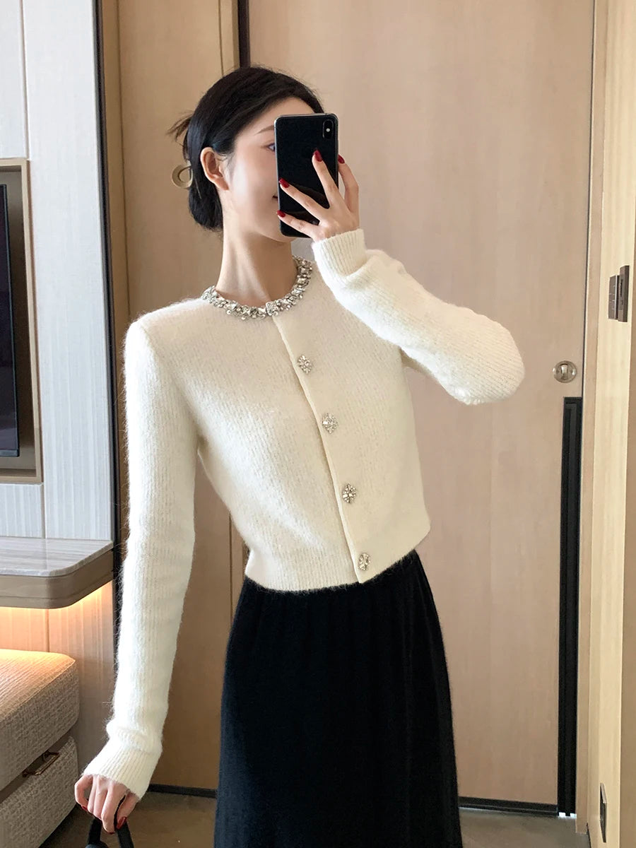 High-End Autumn Knitted Top Diamond Decorated Collar Anti-Aging Versatile Ele Sle Long Sve Round Ne Sweater Coat