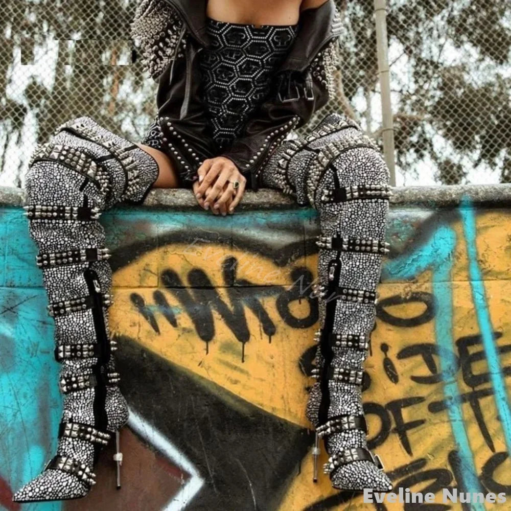 Luxury Crystal Buckles Over The Knee Boots Women Bling Rivets Pointed Toe Iron Heels Long Boots 2024 Fashion Party Catwalk Boots