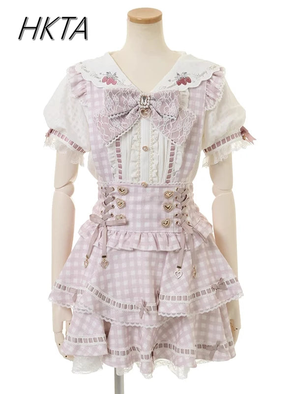 Japanese Liz Skirts Plaid Strap Skirt Girl Mine Mass-produced Cake Skirts 2025 Spring New Ruffle Leaf Edge Bow Short Skirt Women