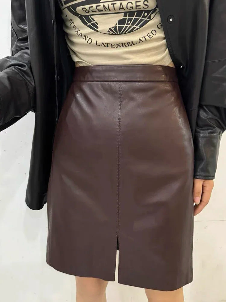 Real leather Women Skirts Ladies 100% Sheepskin Leather Jupe Femme Front Split Sexy Wrap Saias Mujer Mid-Length Burgundy Faldas