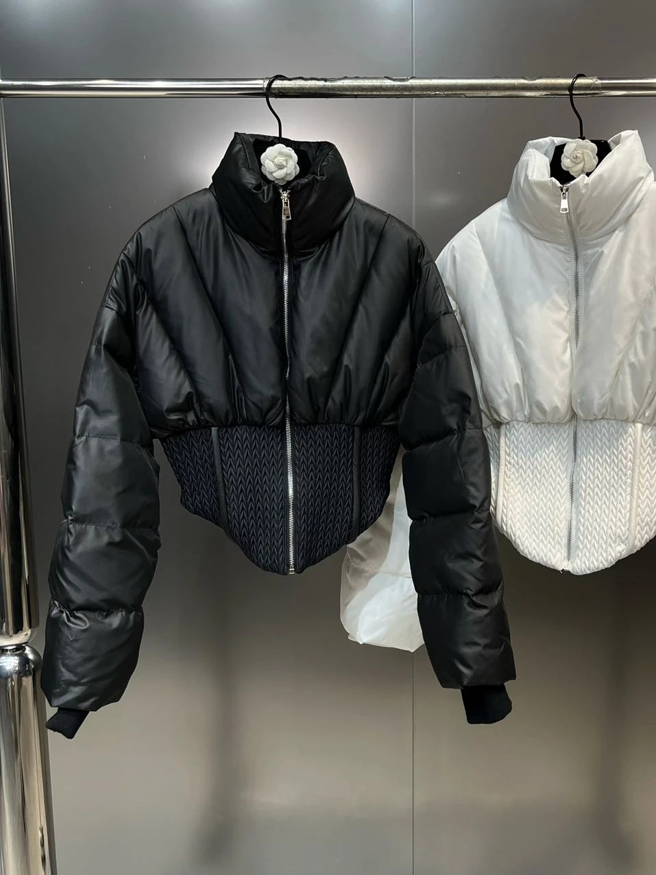 PREPOMP 2023 Winter New Collection Long Sleeve Zipper Stand Collar Slim Waist Short Jacket Women Cotton Coat GM099