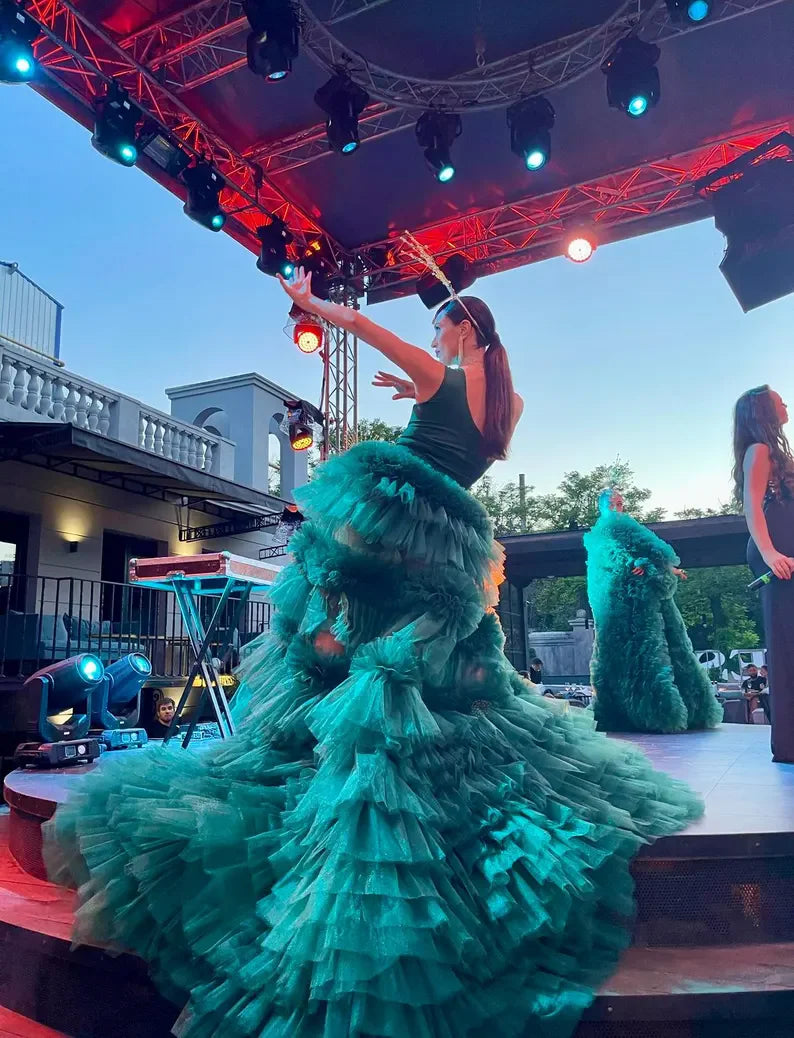 Handmade A-line Long Ruffles Trimmed Tulle Skirt Women Maxi Skirt Dramatic Dance Show Performance Skirt