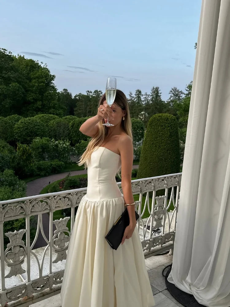 Elegant Solid Strapless A-line Bud Midi Dresses Women Chic Sleeveless High Waist Pleated Long Dress Summer Lady New Party Robes