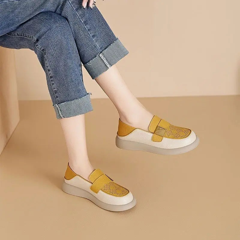 Summer Hollow Slip-on Ladies Footwear Cheap Liquidation Wholesale Casual Popular 39 Round Toe Leather Women's Flat Loafers Shoes