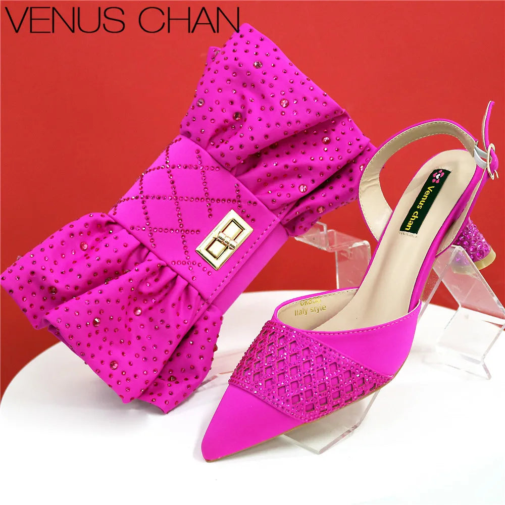 High Quality 2025 Italian Design Embossed Varnish Style Big Diamond Decoration Classic Noble Women Shoes and Bag Set
