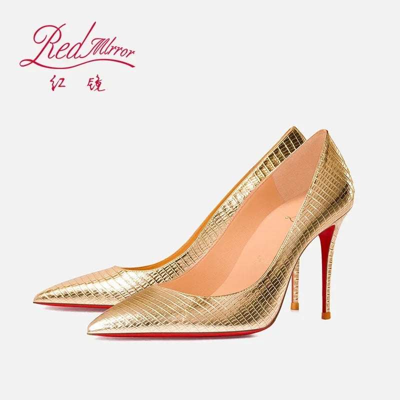 Spring/Summer Red Bottom Lizard Pattern Embossed Gold Pointed Shallow Mouth Slim Heels Sexy Banquet High Heels Single Shoes