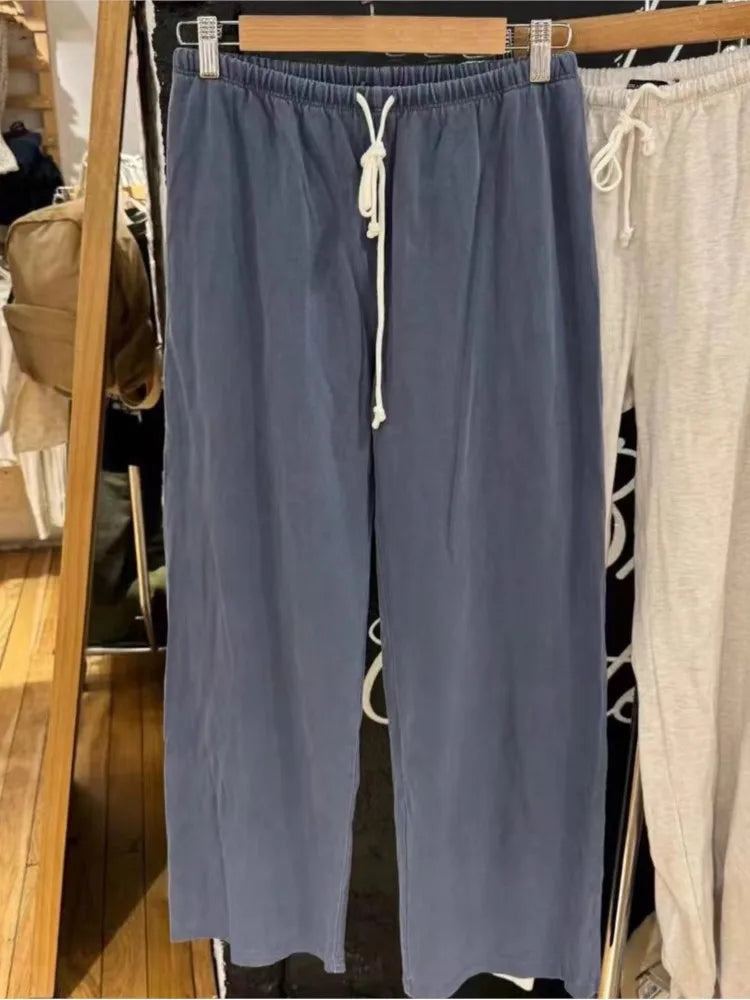 Red Drawstring Elastic Waist Oversized Retro Trouser Woman Casual Wide Leg Pant Loose Y2K Harajuku Sweatpants Cototn Blend