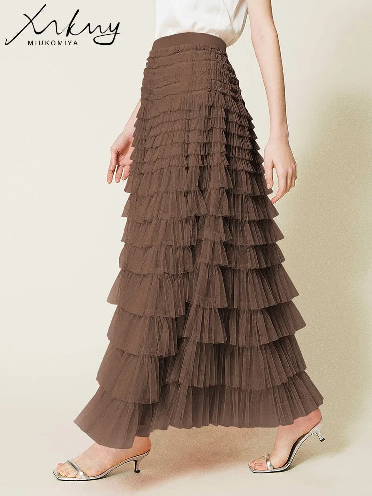 MiuKoMiYa Elegant Black Long Tulle Skirts Women Puffy Pink Maxi Mesh Skirt Long High Waist Pink Tulle Skirt Vintage For Women