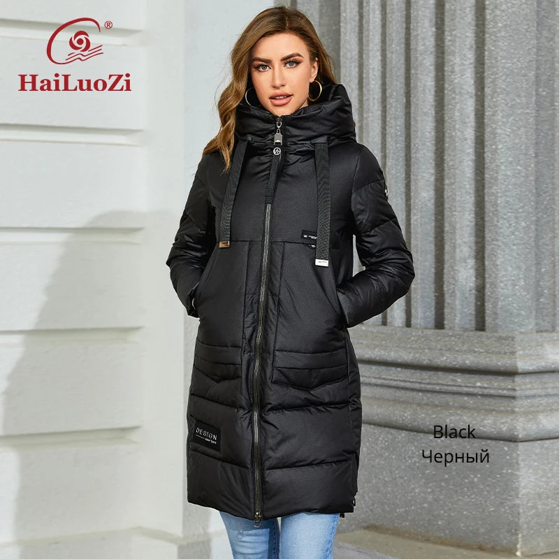 HaiLuoZi 2022 New Women's Coat Hooded Warm and Thick Mid-long Bio Cotton Parkas Side zipper Big Pockets Winter Jacket Women 86