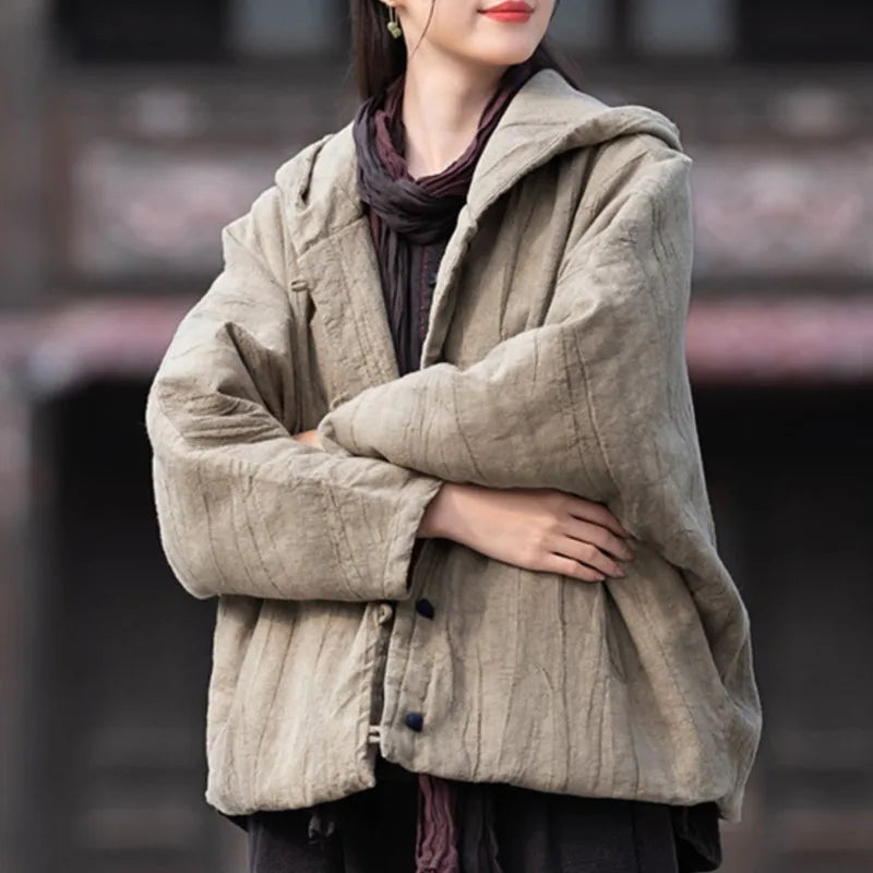 Johnature Women Vintage Cotton Ramie Hooded Parkas Button Long Sleeve Warm Coats 2025 Winter New Chinese Style Women Parkas