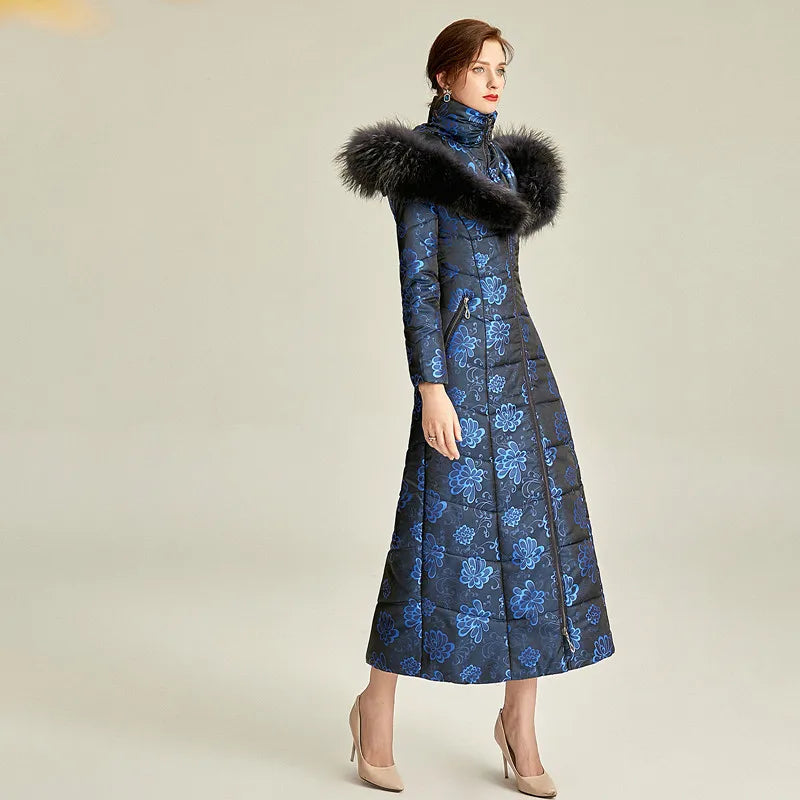 England Style Women Winter Fur Hooded Coat Zipper Long Sleeve Jacquard Parkas Space Cotton Floral Thick Coat Jacket Vintage