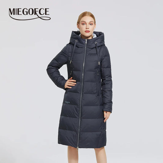 MIEGOFCE Winter Elegant Women Outwear Long Cotton Women's Jackets Hooded Warm Windproof Female Coats Zipper Stand Collar Parka