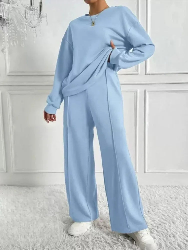 Two-piece Set For Woman Casual O-neck Long Sleeves Sweatshirt Wide-leg Pants Suits Autumn Winter Ladies Fashion Office Outfit