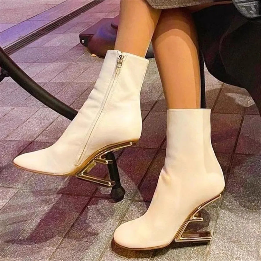 2025 New White Women Letter Strange High Heel Boots Black Wedge Shoes Autumn Winter Leather Short Botas Femininas Ladies Wedges
