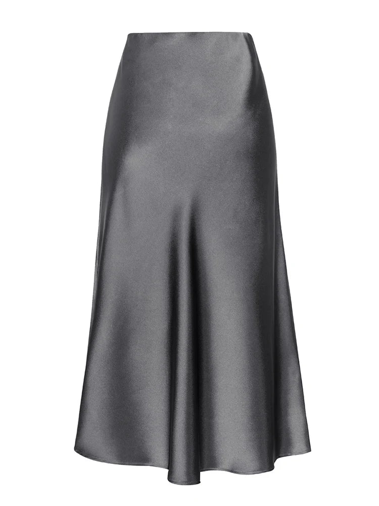 Green Satin Midi Skirts For Women Summer Elastic High Waist A Line Slit Skirt Midi Satin Silk Women Skirt With Slit Summer 2024